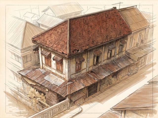 กระเบื้องหลังคาดินเผาลายเกล็ดปลา (กระเบื้องเกล็ดปลา) บนตึกแถวจีน แสดงให้เห็นลวดลายกระเบื้องเรียงซ้อนแบบเกล็ดปลา